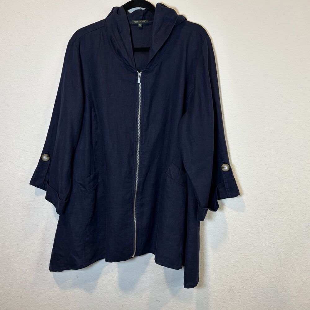 For Cynthia Jacket  Blue Hooded Linen XL Flare Lagenlook Coastal Grandma Jacket